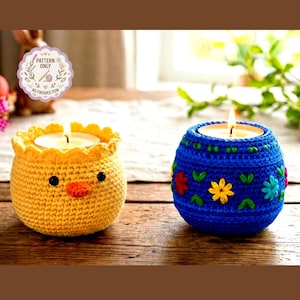 Patrón de portavelas de pollito de Pascua a crochet sin costuras, amigurumi para velas, relleno para huevos de Pascua de primavera, relleno para Pascua, portavelas de gatito