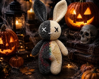 Crochet Gothic Bunny Pattern PDF,Creepy Cute Amigurumi, Halloween Plush,Dark Academia DIY, Zombie Half and Half Bad Rabbit,Beginner Friendly