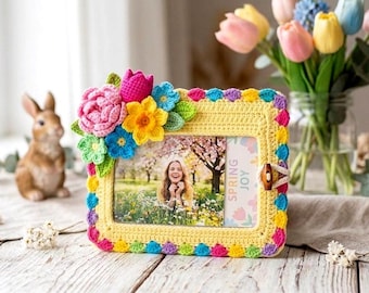 Handgemaakte gehaakte fotokaarthouder - levendige bloemen amigurumilijst voor pc, decoratieve lentebloem fotolijst met knevelsluiting