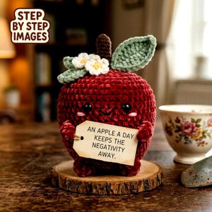 Virkmönster för positivt äpple i PDF-format, vårliknande amigurumi-äppleplysch, sammetsdekoration för kawaii-frukter, lärarpresent, nybörjar-DIY, direktnedladdning