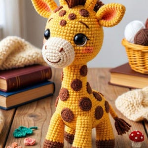 Può includere: Un giocattolo a forma di giraffa all'uncinetto fatto a mano, giallo e marrone. La giraffa ha grandi occhi neri, un muso bianco e macchie marroni. È posizionata su una superficie di legno con altri oggetti all'uncinetto, tra cui fiori e un fungo.