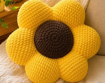 Crochet Sunflower Pillow Pattern PDF, Jumbo Flower Cushion, No-Sew Plush Decor, Velvet Yarn Cushion, Cozy Home Gift,Instant Download,DIY