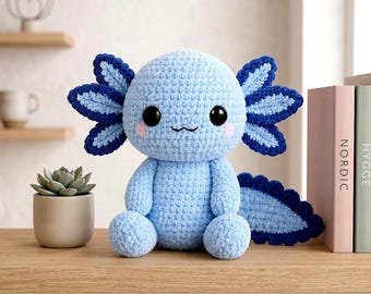 Blauw axolotl-haakpatroon, amigurumi voor beginners, schattige knuffel, Market Make gevuld gehaakt speelgoed, kawaii Moonpetal Axolotl-patroon pdf-download