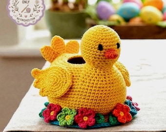 Hoes eend tissuedoos haakpatroon pdf | Tissuehouder amigurumi-eend | Huisdecoratie paaseend DIY | Schattig eendjepatroon| Kandelaar
