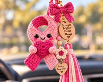 Cancer Awareness Crochet Pattern, Pink Ribbon Car Charm, Breast Cancer Ribbon, Rearview Mirror Hanger, Keychain PDF, Pocket Hug,Bag DIY