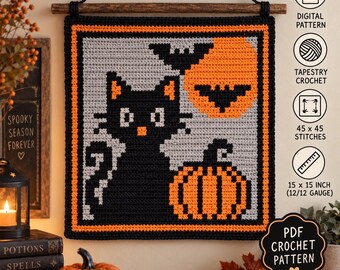 Halloween Cat Tapestry Crochet Pattern, Black Cat Pumpkin Wall Hanging, Spooky Home Decor, Digital PDF, DIY Crochet Chart, Instant Download!