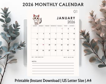 May include: A 2026 monthly calendar with a January layout. The calendar features a cute cartoon cat illustration and the text "2026 Monthly Calendar". The calendar is a printable instant download, US Letter size, and A4.
