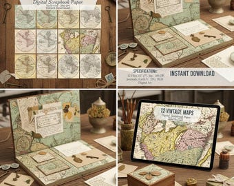 12 Vintage Maps, Digital Paper, High Resolution, Antique Map Backgrounds for Crafts