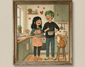 Personalized Couple Portrait with Pets, Custom Art (Digital File)