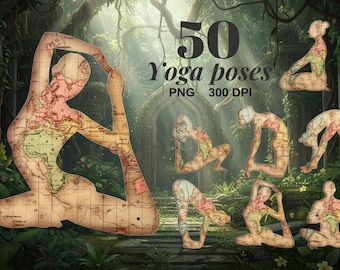Yoga Poses Clip Art and Vintage Map Chart Printable (PNG)
