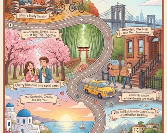 Personalized Love Story Map, Couples Cartoon Portrait, Anniversary Gift, Relationship Timeline