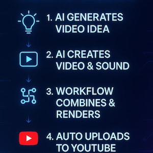 Puede incluir: Un gráfico que ilustra el proceso de creación de video. El texto "HOW IT WORKS" está en la parte superior. Los pasos incluyen la IA que genera ideas de video, crea video y sonido, combina y renderiza, y sube automáticamente a YouTube.