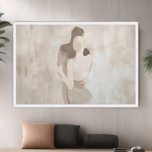 Abstract Couple Embrace Canvas, Minimalist Romantic Wall Art, Neutral Tones Canvas, Modern Love Silhouette, Elegant Home Decoration image 1