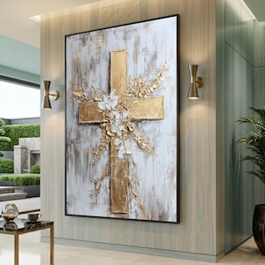 Arte en lienzo con cruz dorada, diseño floral en relieve, decoración cristiana moderna, lienzo grande para pared, pieza de gran tamaño.
