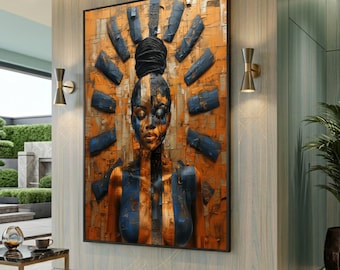 Abstract African Woman Canvas Print, Modern Blue Orange Portrait, Large Canvas Wall Art, Oversized Statement Piece
