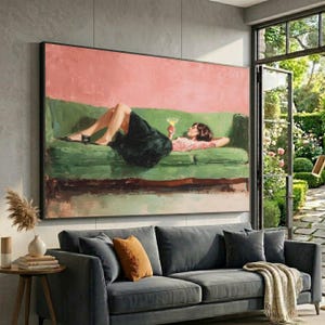 Relaxing Moment Woman on Green Sofa, Pink Wall Canvas Art, Contemporary Lifestyle Printing, Cozy Home Décor, Modern Lounge Scene