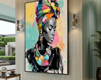 Colorful African Woman Portrait Canvas, Ethnic Printed Wall Art, Large Canvas Wall Art, Oversized Statement Piece