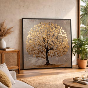 Golden Leaf Tree Canvas Art, Elegant Nature Print, Large Canvas Wall Art, Oversized Statement Piece