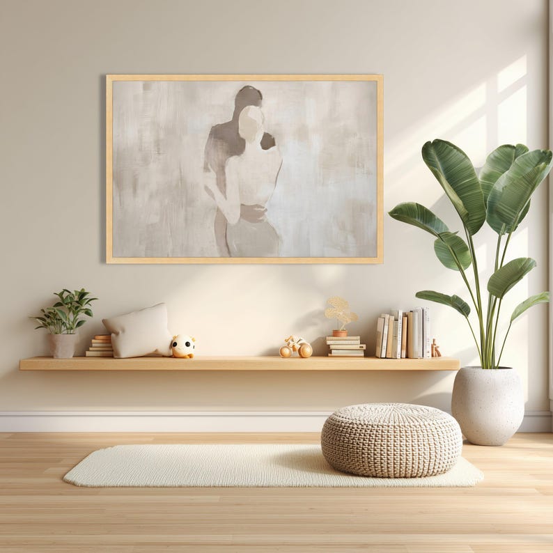 Abstract Couple Embrace Canvas, Minimalist Romantic Wall Art, Neutral Tones Canvas, Modern Love Silhouette, Elegant Home Decoration image 7