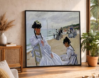 Monet On the Beach at Trouville Canvas Print, Impressionist Coastal Art, Large Canvas Wall Art, Oversized Statement Piece