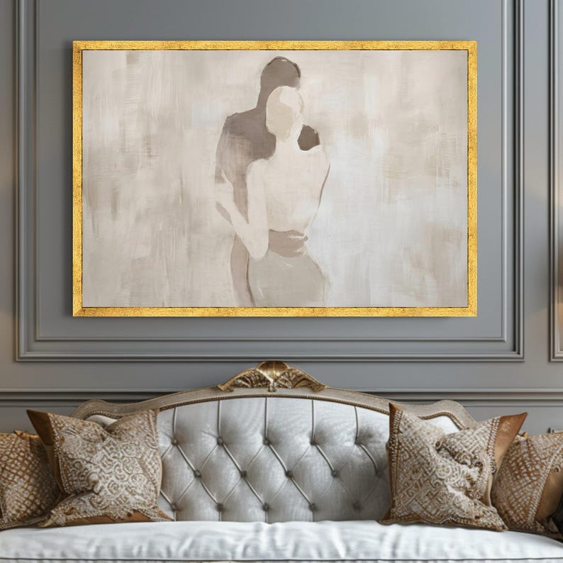 Abstract Couple Embrace Canvas, Minimalist Romantic Wall Art, Neutral Tones Canvas, Modern Love Silhouette, Elegant Home Decoration image 9