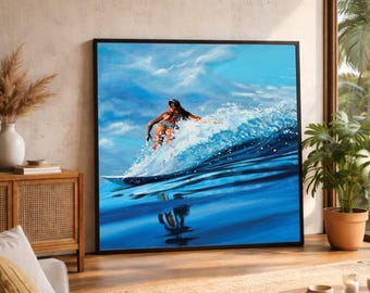 Surfing Wave Ride Canvas Wall Art, Beach Lifestyle Decor, Large Canvas Wall Art, Oversized Statement Piece