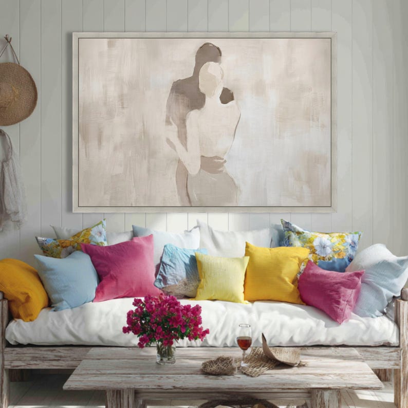 Abstract Couple Embrace Canvas, Minimalist Romantic Wall Art, Neutral Tones Canvas, Modern Love Silhouette, Elegant Home Decoration image 6