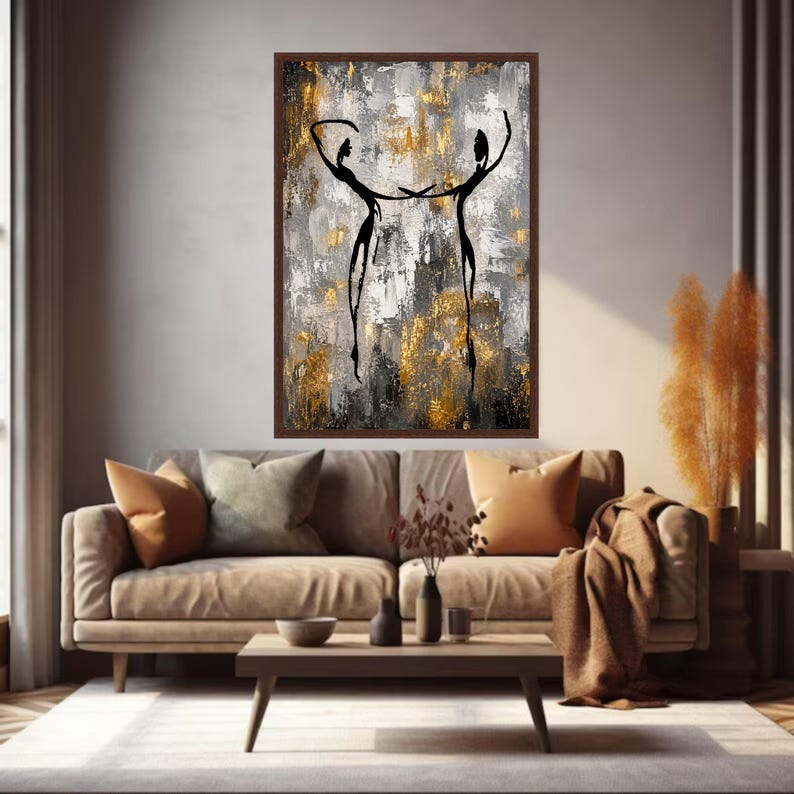 Abstract Human Connection Canvas, Modern Black Silhouette Art, Gold ...