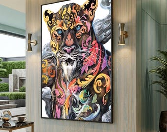 Blumen Panther Leinwand Kunst, buntes Wildtier Porträt, große Leinwand Wandkunst, übergroßes Statement Piece