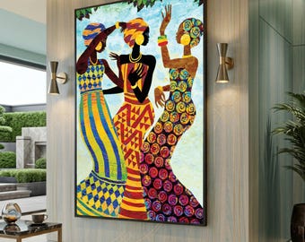 African Women Dance Canvas, Colorful Ethnic Wall Art, Large Canvas Wall Art, Oversized Statement Piece