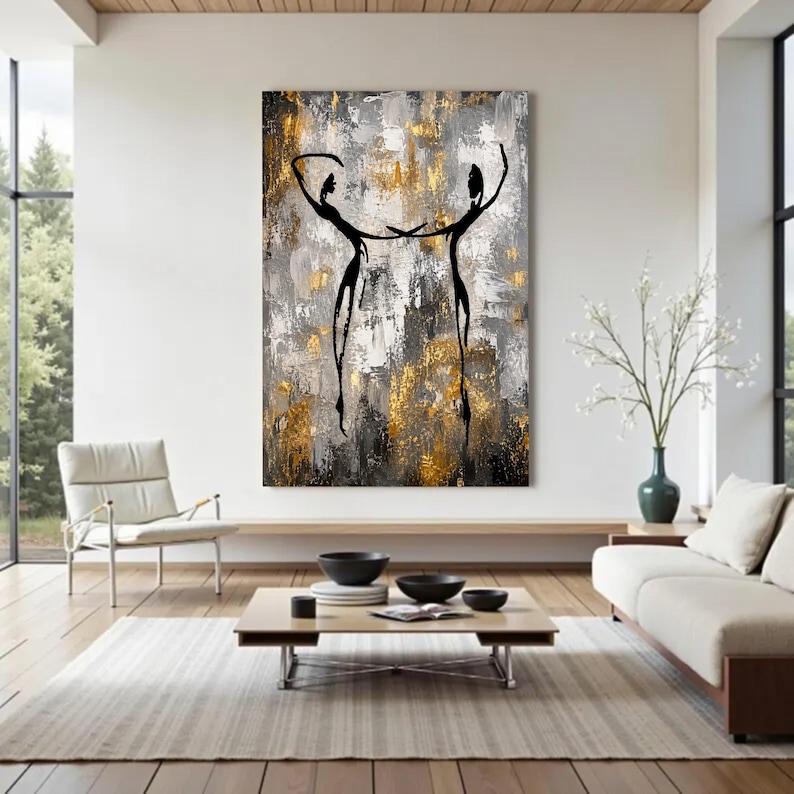Abstract Human Connection Canvas, Modern Black Silhouette Art, Gold ...