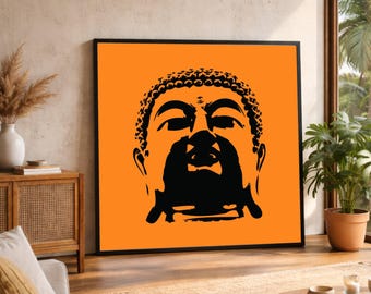 Orange Buddha Face Canvas Art, Modern Zen Wall Decor, Large Canvas Wall Art, Oversized Statement Piece