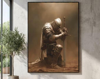 Medieval Knight Kneeling with Sword Canvas, Armor Wall Art, Rustic Warrior Decoration, Historical Battle Scene, Fantasy Canvas Print