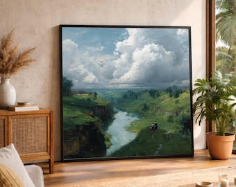 Pastoral River Valley Canvas Print, Tranquil Farm Landscape Wall Art, Large Canvas Wall Art, Oversized Statement Piece