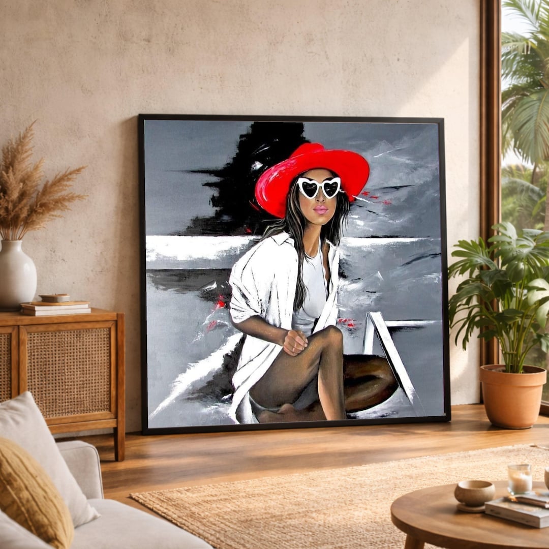Woman in Red Hat Canvas Print, Fashion Portrait Wall Art, Large Canvas ...