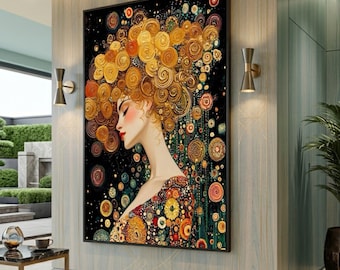 Klimt Inspired Woman Portrait Canvas, Abstract Swirl Hair Art, Large Canvas Wall Art, Oversized Statement Piece