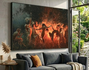 Joseph Tomanek Nymphs Dancing Canvas, Firelight Music Art, Mythical Wall Decor, Large Canvas Wall Art, Oversized Statement Piece
