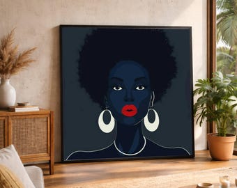 Lienzo con retrato de mujer afro, labios rojos, arte mural moderno, lienzo grande, pieza llamativa de gran tamaño