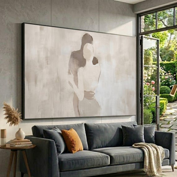 Abstract Couple Embrace Canvas, Minimalist Romantic Wall Art, Neutral Tones Canvas, Modern Love Silhouette, Elegant Home Decoration