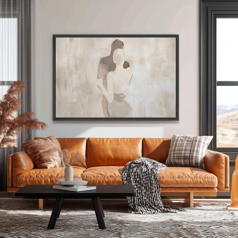 Abstract Couple Embrace Canvas, Minimalist Romantic Wall Art, Neutral Tones Canvas, Modern Love Silhouette, Elegant Home Decoration image 5