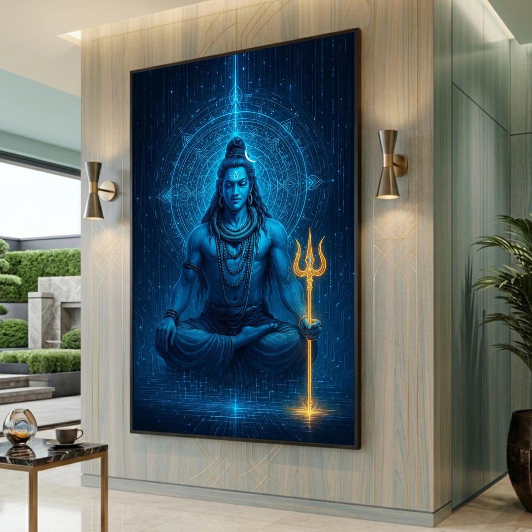 Meditating Shiva Canvas Art, Blue Aura, Hindu God, Yoga Decor