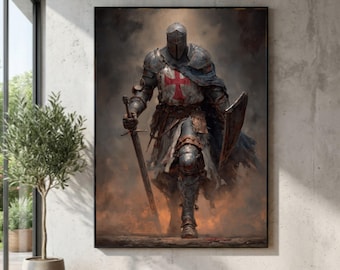Medieval Knight Templar Canvas Wall Art, Battle-Worn Armor Printing, Historical Warrior Canvas, Dark Fantasy Home Decor, Ready to Hang