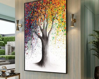 Colorful Splatter Print Tree Canvas, Modern Wall Art, Large Canvas Wall Art, Oversized Statement Piece