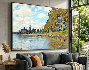 Monet Inspired Riverside Canvas Print, Impressionist River Landscape Wall Art, Large Canvas Wall Art, Oversized Statement Piece