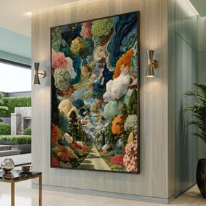 Paisaje floral de ensueño, jardín botánico surrealista, lienzo grande para pared, pieza llamativa de gran tamaño.