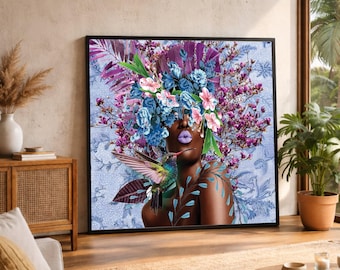 Bloemen kroon vrouw canvas, kolibrie kunstprint, abstract portret, grote canvas muurkunst, extra groot statement stuk