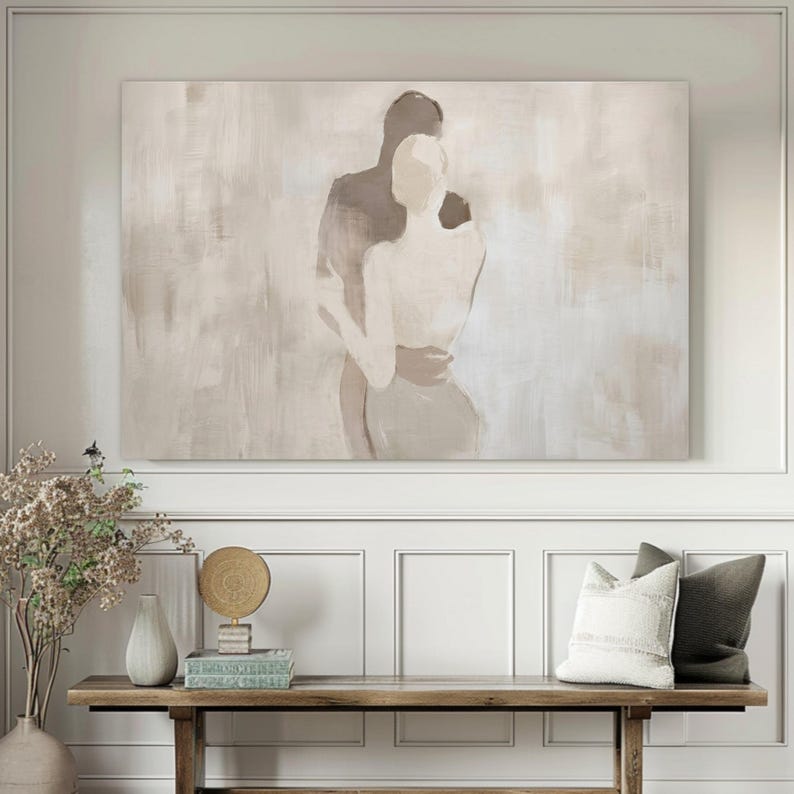 Abstract Couple Embrace Canvas, Minimalist Romantic Wall Art, Neutral Tones Canvas, Modern Love Silhouette, Elegant Home Decoration image 8