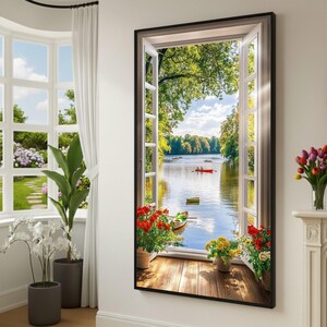 Impresión en lienzo con vista al lago y ventana abierta, decoración floral, lienzo grande para pared, pieza llamativa de gran tamaño