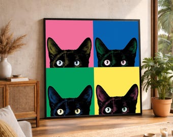 Impressão em tela Pop Art de um gato preto, retrato de animal ao estilo Warhol, arte de parede em tela grande, peça de destaque de grandes dimensões