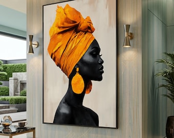 African Woman Canvas Print, Orange Headwrap Portrait, Ethnic Wall Art, Large Canvas Wall Art, Oversized Statement Piece